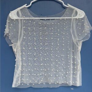 White Sheer Pearl-Embellished Top